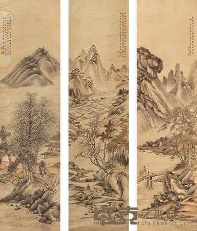 张宸 山水 四屏（四屏选三） 148×39cm×4